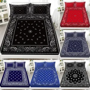 3-piece set of fashionable Paisley Bohemian printed bed sheets, [1 bed sheet+2 pillowcases], without pillow core, suitable for home, bedroom, hotel, dormitory, school use [fabric weight 90G] Boho Bed Set Boho Fitted Sheet