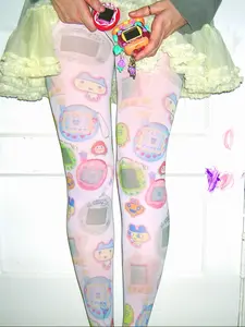 Y2K Aesthetic Women's Cute Cartoon Pattern Fitted Long Socks, Kawaii Print Stockings for Emo Girls, Harajuku Style Casual Fashion Wear