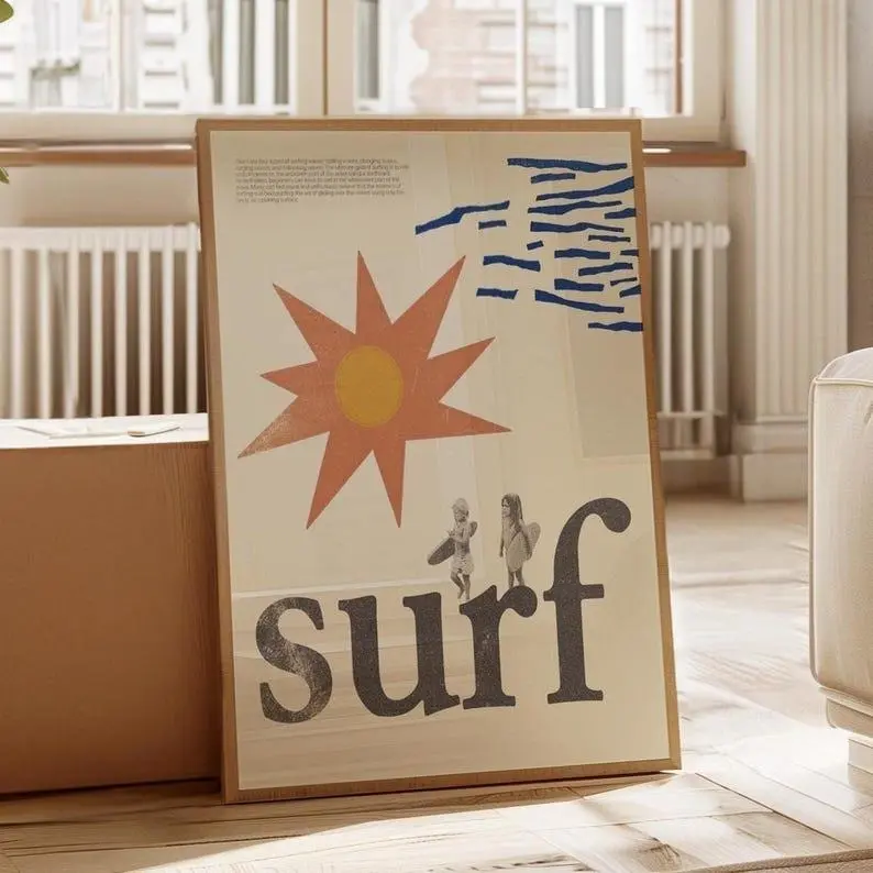 Vintage Paper Surfing Poster - Minimalist Bordered Art Print, Retro Coastal Sun Wave Home Decor, Home Supplies for Malibu Surf Enthusiasts