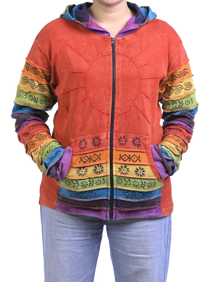 Women's Dream Multicolor Bohemian Patchwork Cotton Hooded Jacket - Loose-Fitting Lightweight Hippie Clothes with Front Pockets, Breathable, Soft for Everyday Casual Wear, Hand Wash Only
