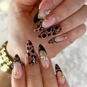 Handmade Leopard Print French Nail Art, Detachable Press-On Nails, Almond Nail Shape, Rhombic Diamond Beads, Suitable for Girls and Women