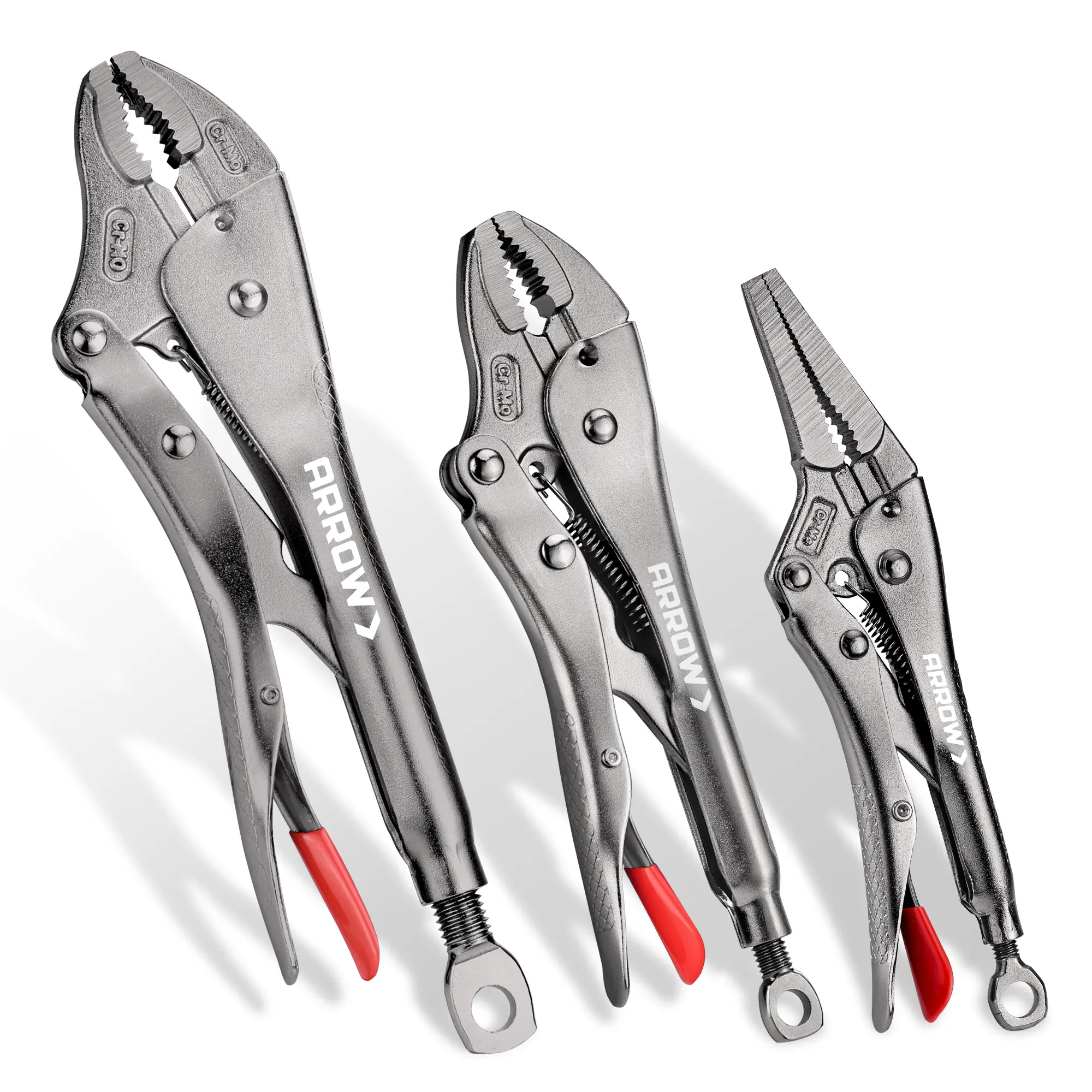 Arrow 3-Piece Locking Pliers Set - 6.5" Long Nose and 7" & 10" Curved Jaw Locking Pliers, CR-MO Steel Construction with One-Hand Release, Adjustable Screw and Ergonomic Anti-Slip Handle
