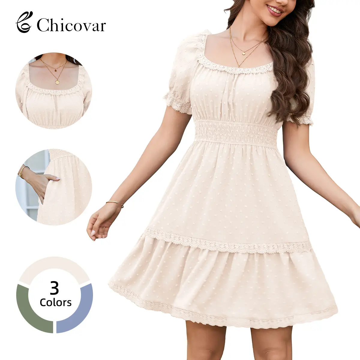 Florboom Women's Summer Boho Swiss Dot Mini Dress – Puff Sleeves, Square Neck, Smocked Waist, A-Line, Side Pockets – Vacation, Party, Daily Wear,Summervibes
