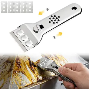 Multi-Purpose Cleaning Scraper with 5 Replaceable Blades, Stainless Steel Cleaning Shovel Handheld Surface Cleaner Tool for Kitchen, Tile, Glass, Floor, Wall, Stove & Bathroom