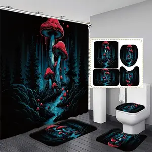 Mushroom Pattern Shower Curtain Set, 4 Counts/set Including Shower Curtain & Toilet U-shaped Mat & Rectangular Mat & Toilet Lid Cover, Bathroom Decor Supplies, Bathroom Decoration Accessories