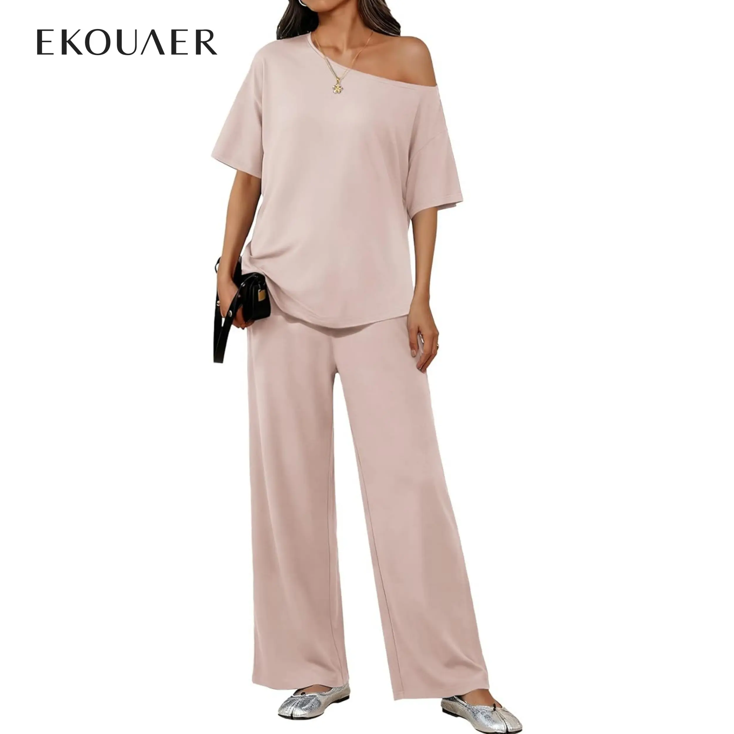 Ekouaer Women's Soft 2-Piece Lounge Set, Casual Off-Shoulder Short Sleeve Top and Long Pants for Summer, Woman 2 Piece Set, 2 Piece Set