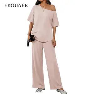 Ekouaer Lounge Sets for Women Off Shoulder(Right) Short Sleeve Tops and Long Pants 2 Piece Set Summer Soft Matching Outfit