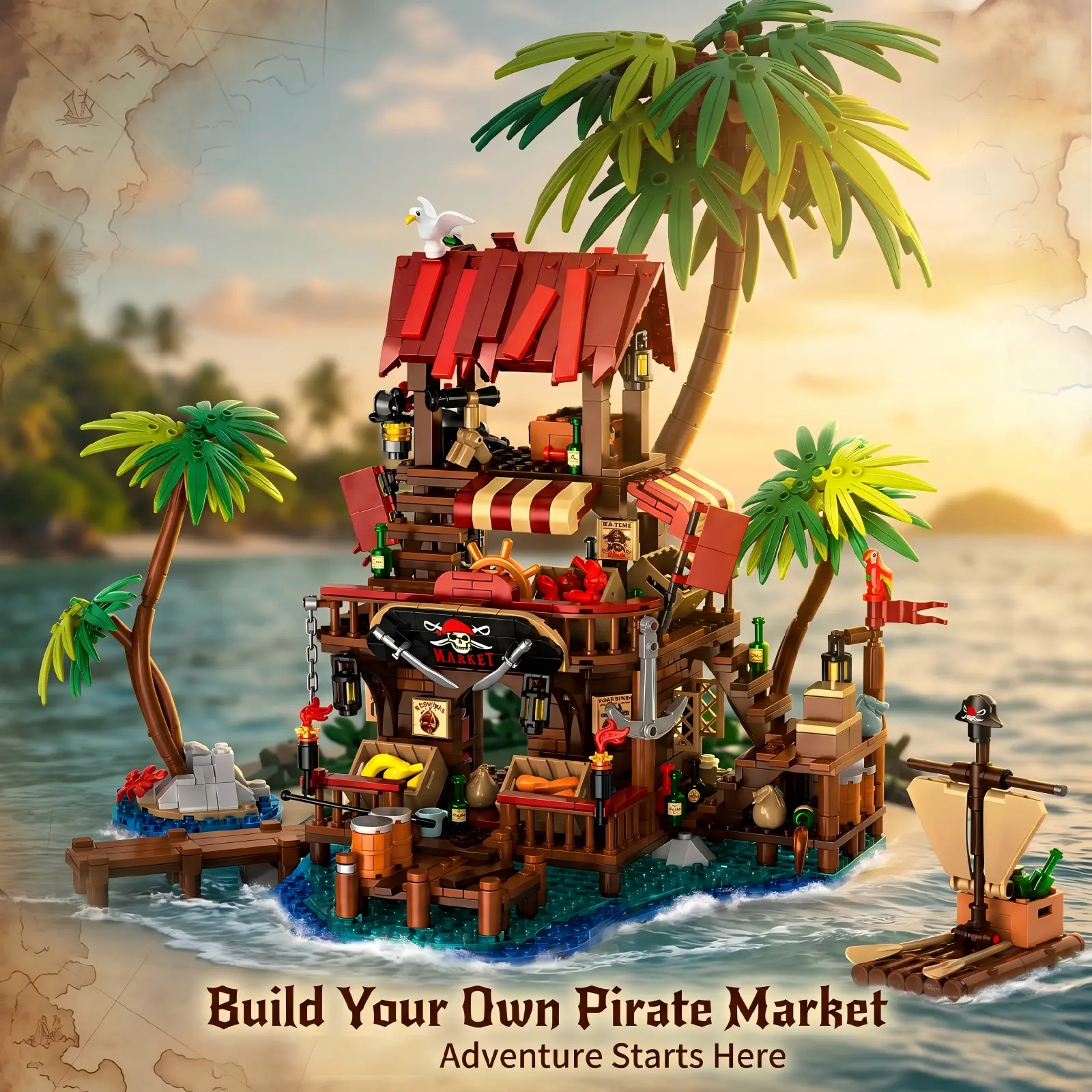 856PCS Pirate Harbor & Dock Building Blocks Set, ABS Plastic Fantasy Sci-Fi Construction Model with Tree Ornaments, Rum Bottles and Parrot Figures, Creative STEM DIY Building Kit, Unisex Collectible Gift for 14+ Teens Adults