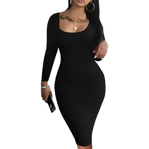 Women’s Autumn Casual Sexy Long Sleeve Bodycon Midi Pencil Club Dress