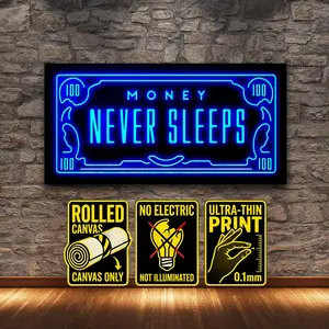 Money Never Sleeps Neon-style Artistic Wall Art, 1 Count Unframed Inspirational Money Never Sleeps Canvas Wall Art, Motivational Wall Art, Modern Home Decoration, Wall Decor for Living Room, Bedroom and Office, Decoration