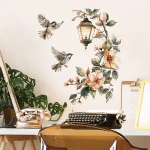 3D UV Wall Stickers for Living Room & Entranceway, Colorful Flower Decals, Bird Lamp Wall Art, Self-Adhesive Decorative Stickers