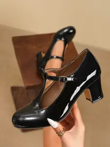 Elegant Stylish Patent Leather T-Strap Chunky Heel Mary Jane Flats Women Round Toe Buckle Comfortable High Heels Vintage Retro Casual Office Commute Valentine's Day Easter Mother's Day Gift For Date Wedding Party Banquet Daily