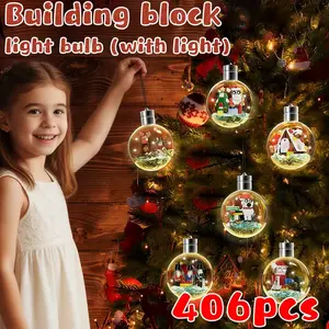 406pcs Building block light bulb (with light) Hanging Christmas BallsTransparent Balls with Internal Light ChristmasTree Hanging Round Balls，Christmas Element Pixel Building Blocks Magnetic Advent Calendar Puzzle Blocks