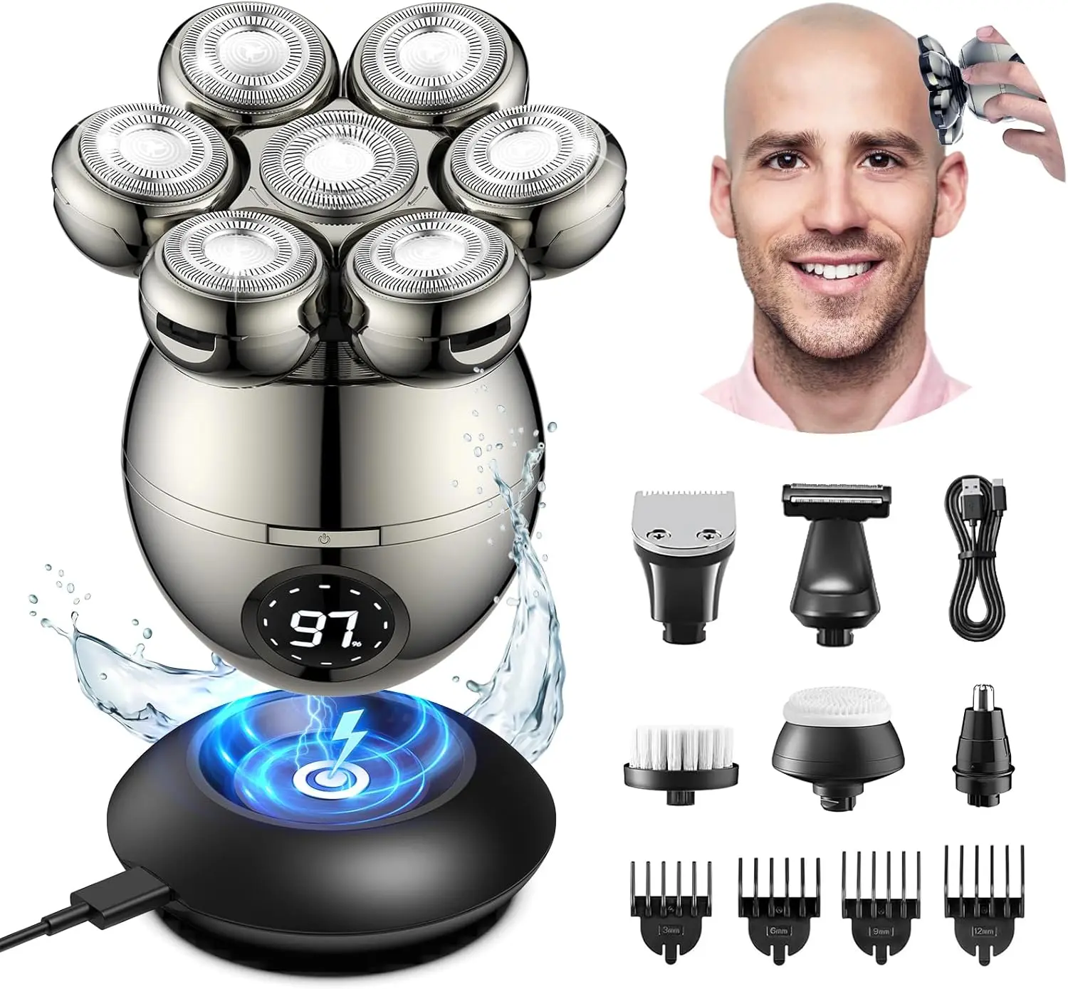 Head Shavers for Bald Men, 7D Magnetic Bald Head Shavers Waterproof Mens Head Shaver for Wet/Dry Use, LED Display Electric Razor Type-C Wireless Charging, 360°Close Shave for Men,Father's Day Gift