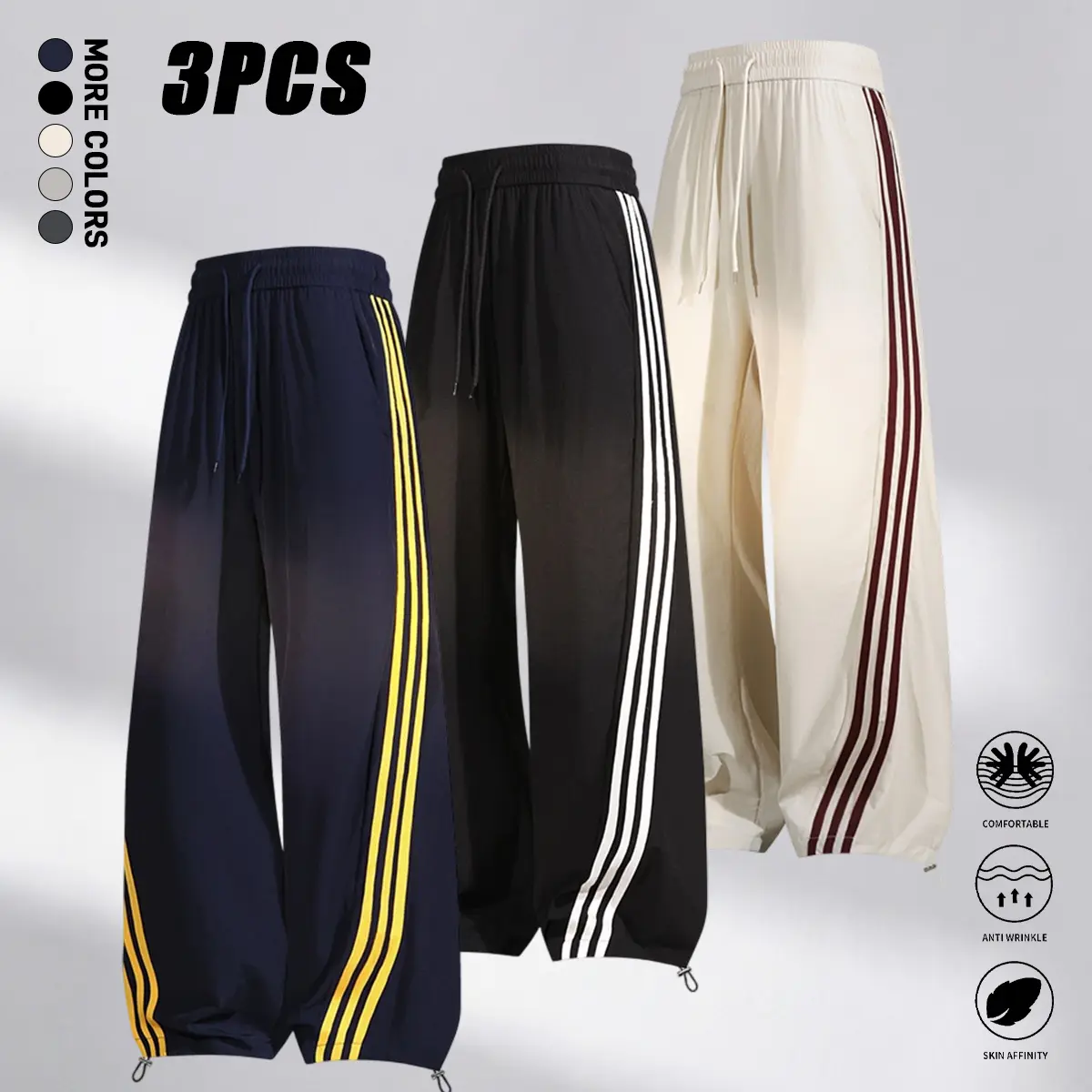 3-pack men’s gradient striped joggers, elastic drawstring waist, loose wide-leg running pants, adjustable hem drawstrings, street-style athletic hip-hop casual everyday look