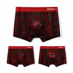 SHIQINUO Men's Ice Silk Breathable Graphic Boxer Briefs with Red Flocking Design, 3-Pack