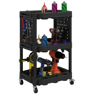HOMCOM 3-Tier Rolling Tool Cart with Wheels, 200 LBS Capacity Plastic Utility Cart with Side Shelves, Mobile Service Tool Organizer for Garage, Warehouse, Workshop, Black