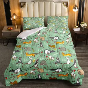 Feelyou Microfiber Rodent Animal Theme Artistic Cartoon Duvet Set - Green Love Heart Decor, Anti-Clump Stitch Whole-Piece Polyester Linens, All Seasons King Size Travel-Friendly Bedding Textiles