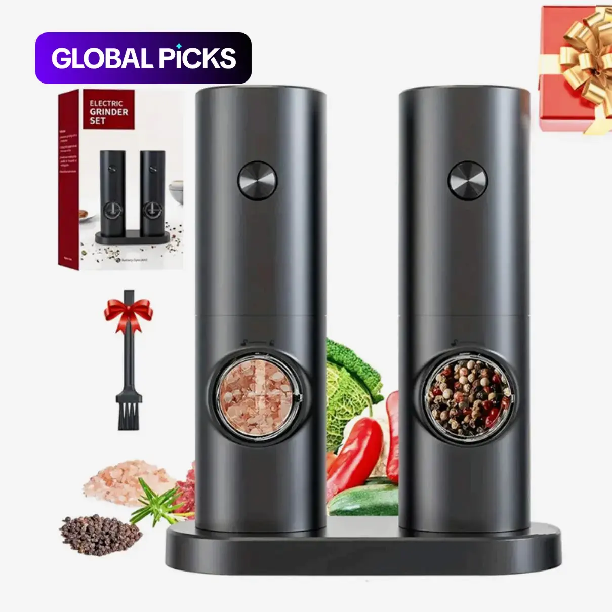 2-Piece Electric Salt & Pepper Grinder Set, Adjustable Coarseness Salt & Pepper Mills with Base, Spice Grinders for Kitchen, Dining & BBQ #GLOBAL PICKS