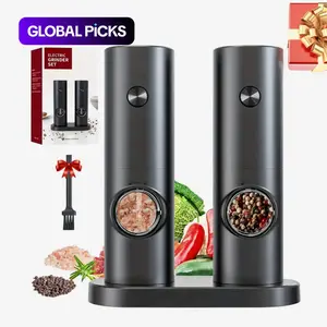 Electric Salt & Pepper Grinder Set, 2-Piece Adjustable Coarseness Salt & Pepper Mills with Base, Pepper Shakers Grinder, Seasoning Utensils for Home Cooking, Dining Room & Barbecue, Modern Kitchenware Gadgets #GLOBAL PICKS