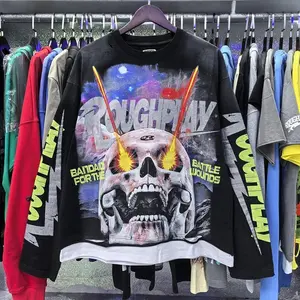 Roughplay American Cotton Retro Style Long Sleeve Men Women Jesus Print Skull Rockabilly Washed Out T-Shirt Vintage Design Tee