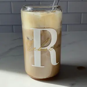 Personalized Name & Initial Coffee Glass Cup | Beer Can Glass with Bamboo Lid & Glass Straw | Name Can Glass | 16oz Glass Tumbler | Custom Tumbler | Aesthetic Glass | Gifts for Her | Holiday Gift | Custom Tumbler | Drinkware | Handmade Drink Glass
