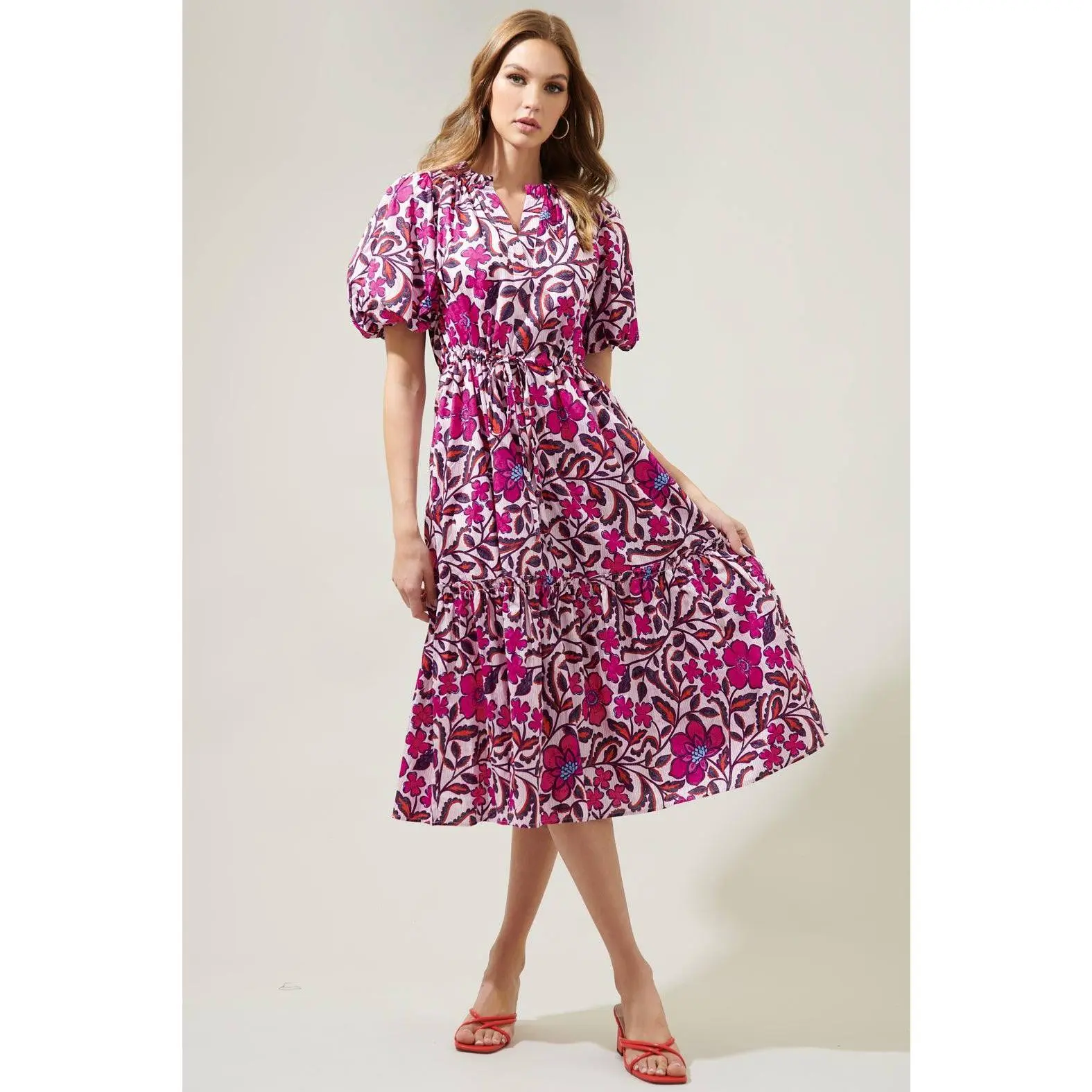 Aubrey Floral Ginny Bubble Sleeve Midi Dress