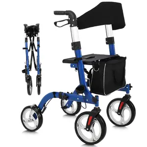 All Terrain Rollator Walker with Seat, Backrest, Handles, Walker for Seniors, 12" Rubber Wheels Foldable Lightweight Aluminum Walkers, Outdoor Rolling Walker Adjustable Height for Seniors Adults