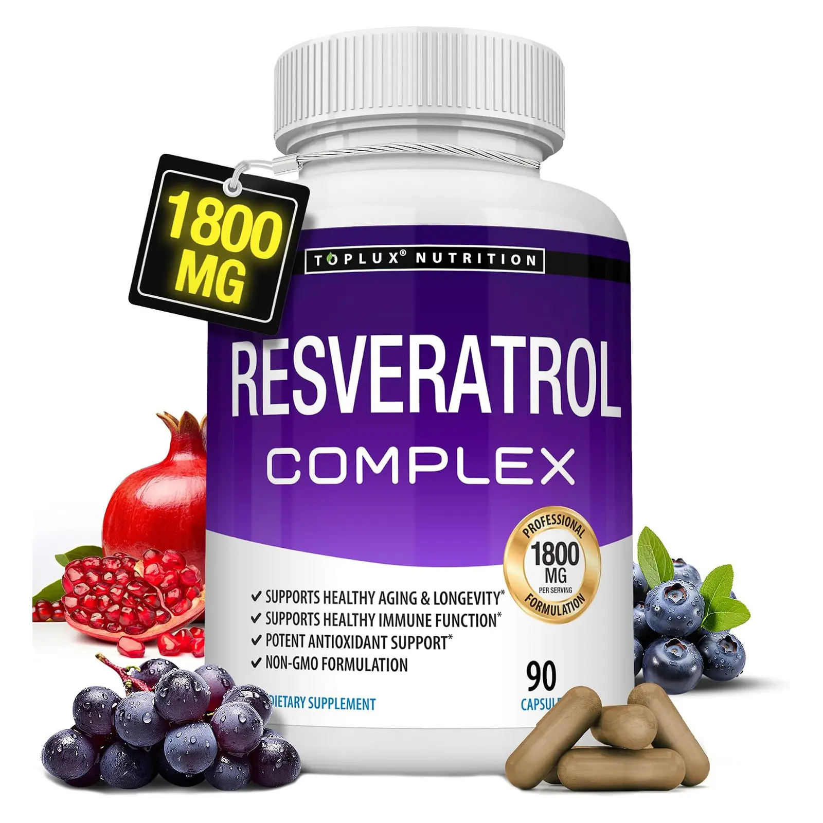 Resveratrol Supplement 1800 mg Antioxidant Complex - Highly Potent Natural Trans-Resveratrol Pills for Healthy Aging, Overall Health Support, Immune System, Brain Function, for Men Women, 90 Capsules