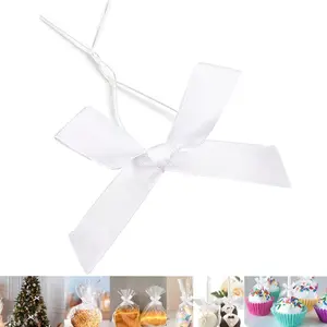 50 Pieces White Pre Tied Satin Bow Twist Ties for Bags Cake Pops Treats Gift Wrapping and Christmas Gift Wrap