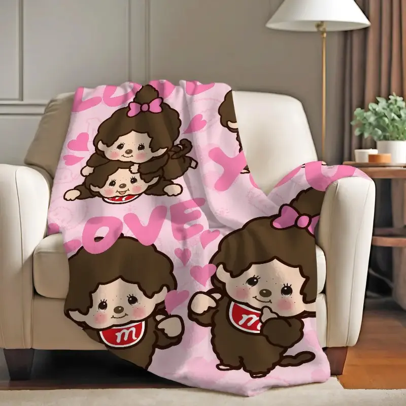 Monchhichi Kawaii Monkey Plush Flannel Blanket - Soft, Fluffy, Lightweight, Wrinkle-Resistant, Portable Throw for Bedroom, Couch - Christmas, Thanksgiving, Watch Party Gifts for Kids - Indoor All-Seasons Bedding