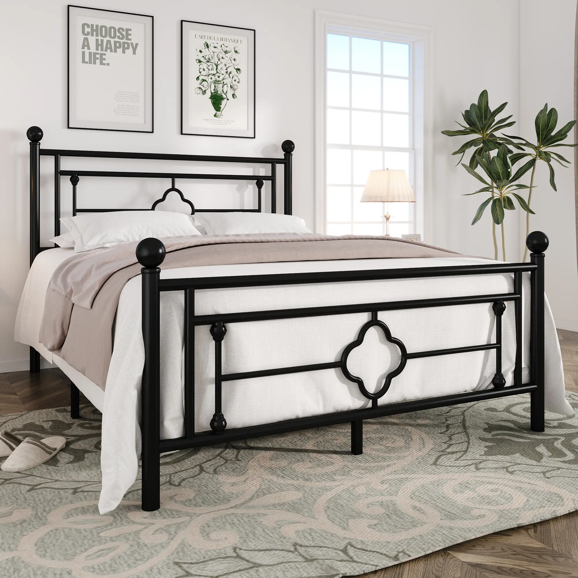 MUTICOR 14 Inches Metal Platform Bed Frame/Vintage Iron-Art Headboard and Footboard【Frame Only No Mattress】Bed Base for Storage/No Box Spring Needed/N
