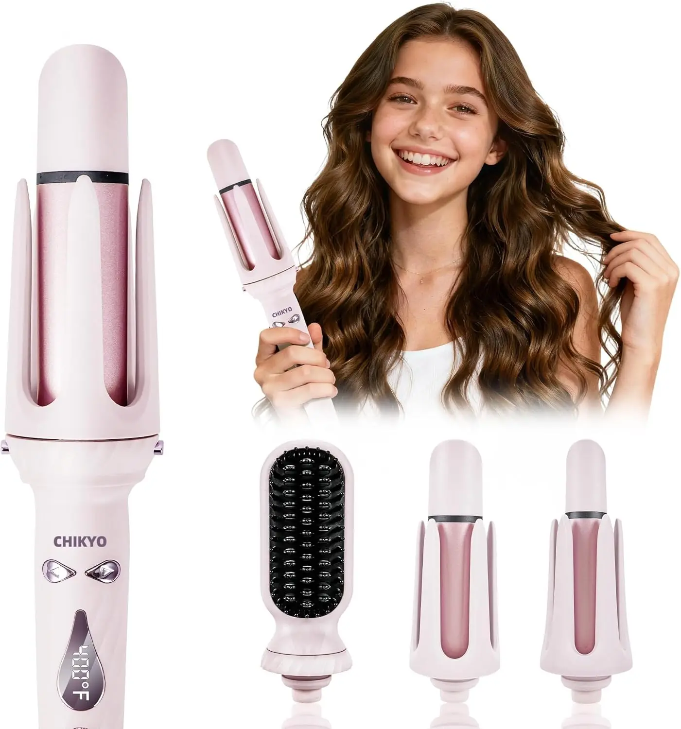 3-in-1 Multi-Size Ceramic Hot Tool Set, Automatic Hair Curler with 2 Barrels (1in, 1.25in) & Straightener Brush, Pink Gift for Hair Styling