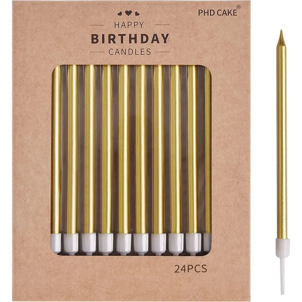 Long Thin Metallic Gold Birthday Candles for Cake, Party Decorations (Suitable for Birthday Parties, Weddings)