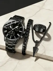 Men's High-Quality Watch Set with Pendant Necklace Bracelet Ring, Business Style Jewelry Gift for Him, Perfect for Daily Wear Holidays