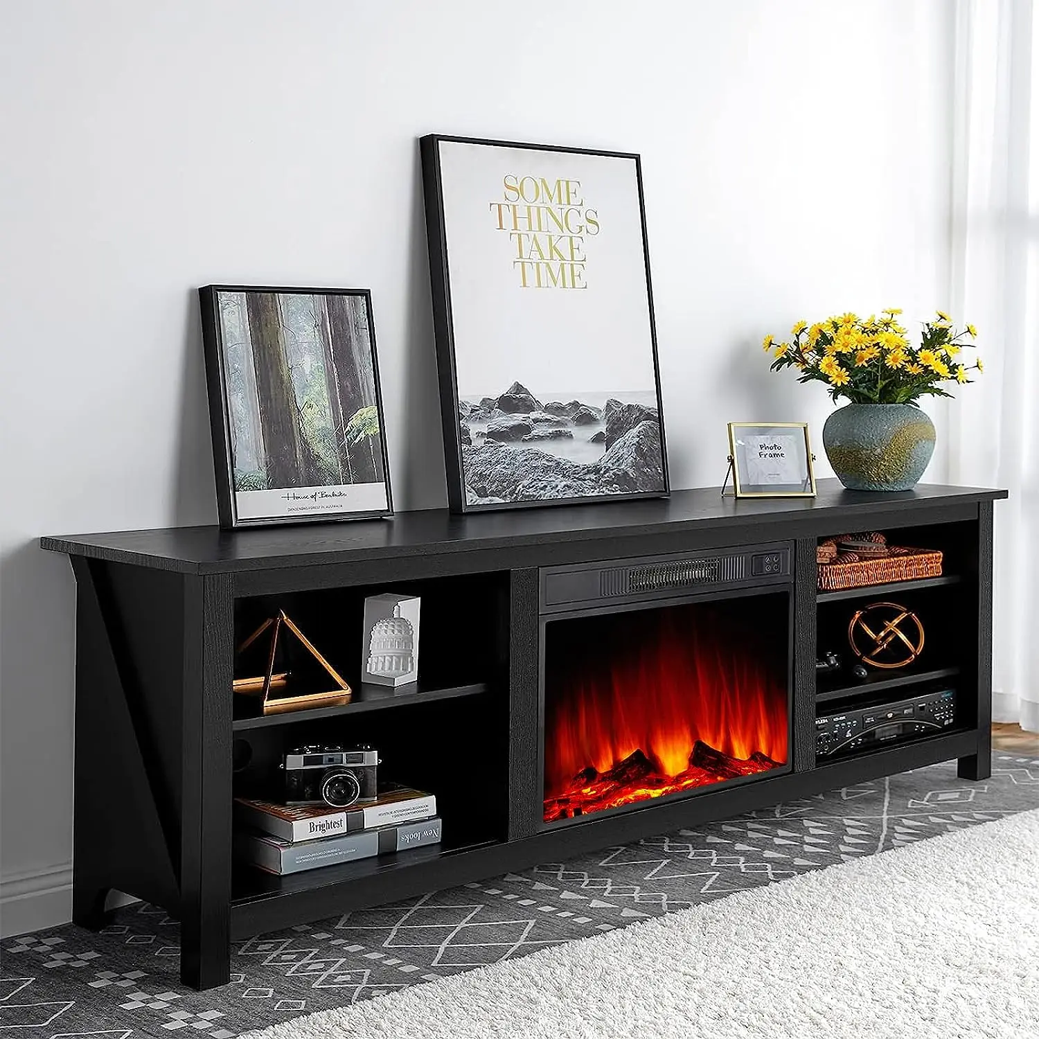 AMERLIFE Fireplace TV Stand, Wood Texture Entertainment Center with 23" Electric Fireplace, Farmhouse Media TV Console for TVs Up to 80"