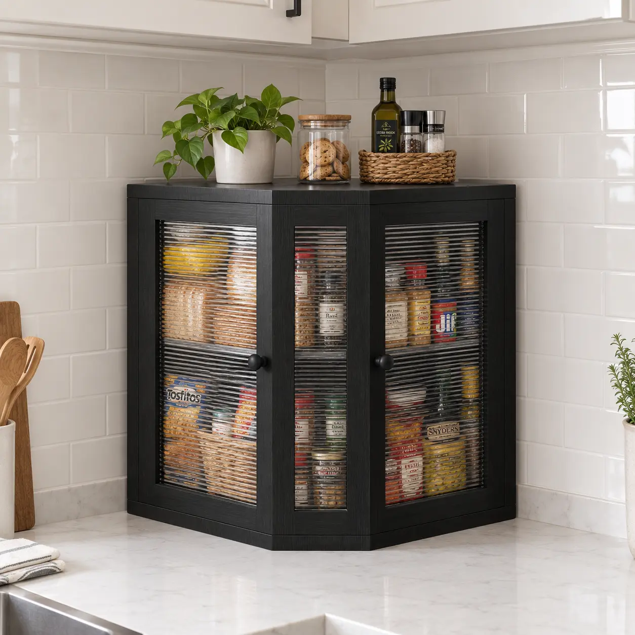 Corner Bamboo Bread Box with Double Doors & 2 Shelves, Airtight Bread Keeper for Kitchen Counter, Shatterproof Acrylic Doors, Natural Bamboo