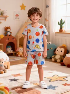 Boys' 2-Piece Short Set Sleepwear, Basketball Cartoon Print Pajama, Casual Comfortable Home Wear, Fitted Style, Silhouette H-Type