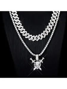 Popular European and American style double sword lion head zinc alloy pendant, fashionable hip-hop style, full diamond Cuban chain, exaggerated men's necklace