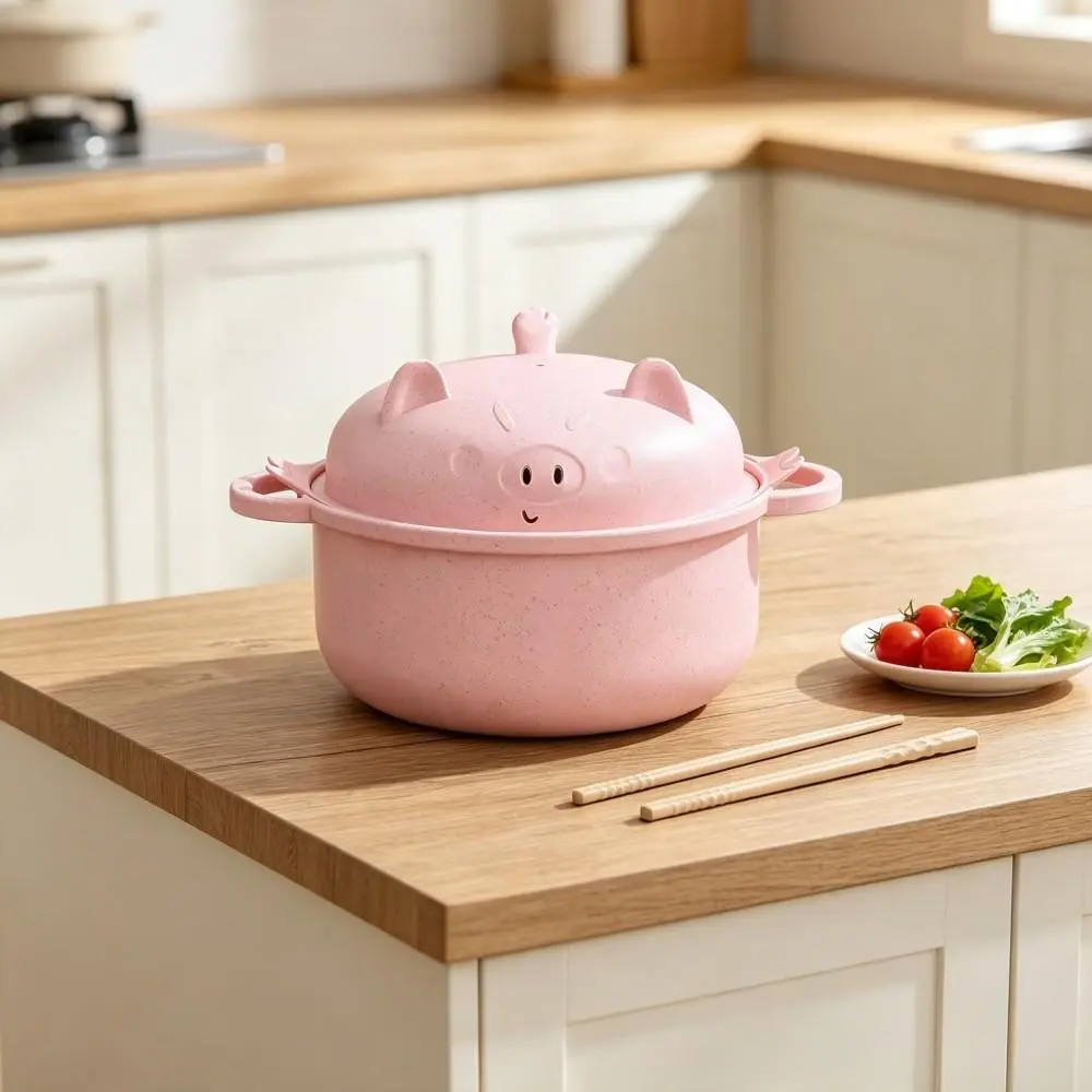 Wheat Straw Noodle Bowl Tableware Kit, Compact Stackable Insulated Drain Cover Cooker with Complete Dining Utensils (Blush Pink)