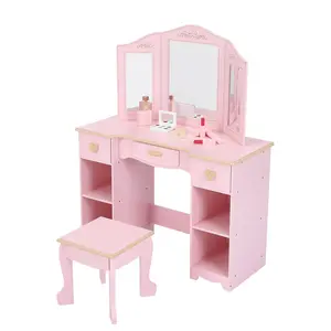 Garvee Pink Wooden Vanity Table and Chair Set for Toddlers Ages 3-9 with Tri-Fold Mirror, Multiple Drawers, Open and Large Storage Shelves, Perfect Princess Dressing and Makeup Desk