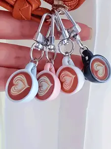 Cute Latte Art Keychains Set of 4, Heart and Coffee Pattern, Colorful Coffee Cup Key Chains, Valentine's Day Gift for Men and Women