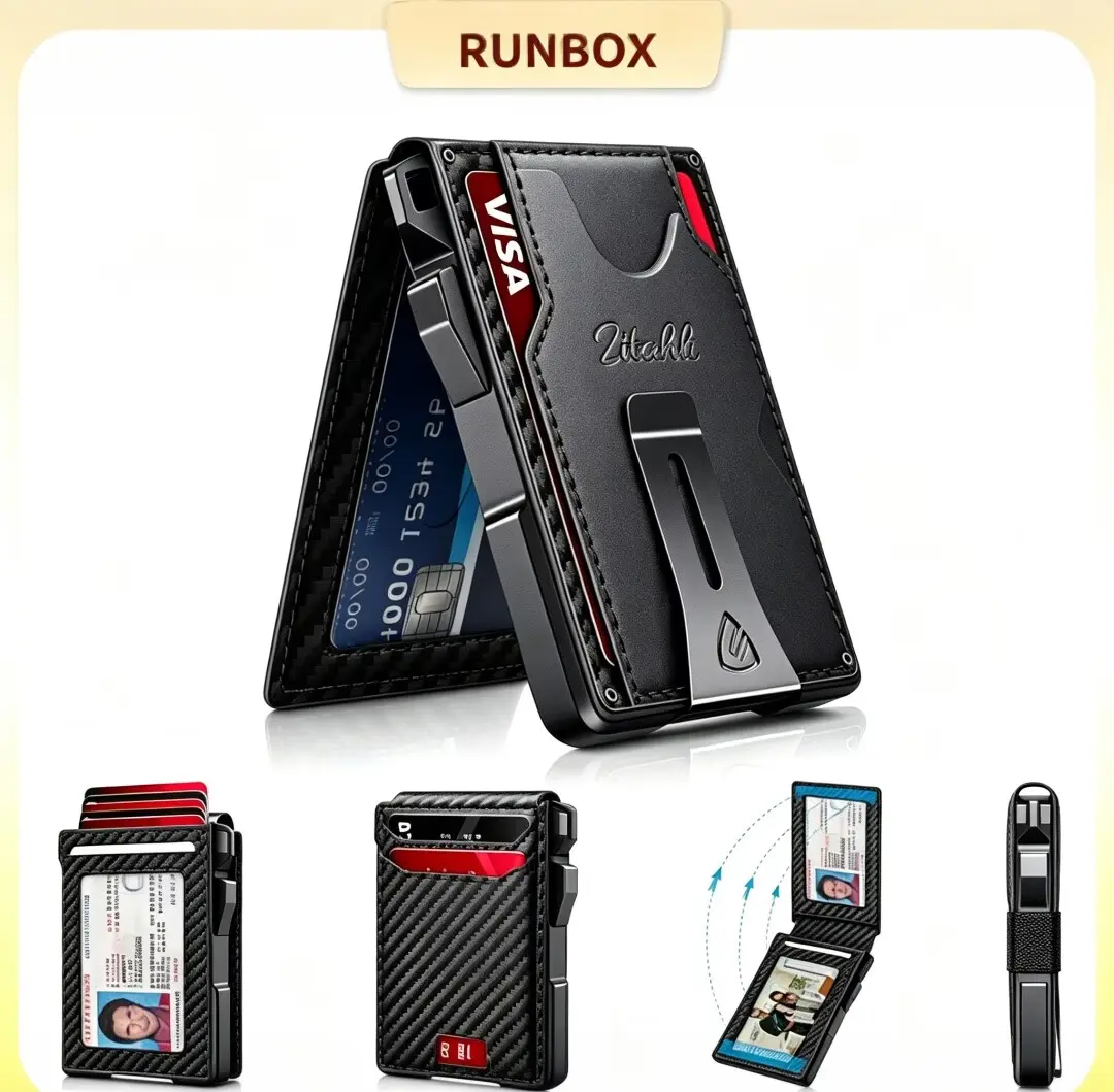 RUNBOX Men's Chic Cow Hide Herringbone Slim Wallet - Aluminum Bifold Pop-Up, RFID-Blocking, 9-13 Card Slots, Money Clip, ID Window (Ideal for Groomsmen, Father’s Day Gift), Birthday, Anti Theft Men's Wallets tiktokshopbacktoschool