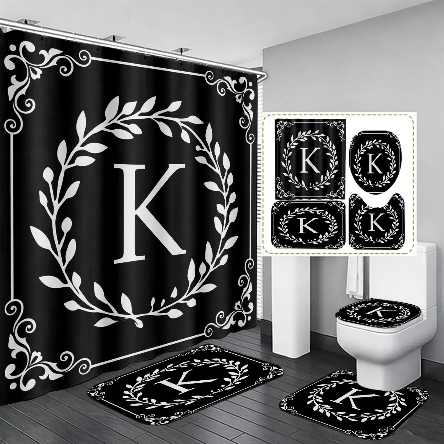 4pcs Black White Letter K Shower Curtain Set, Laurel Wreath & Ornate Border, Elegant Monogram Bathroom Decor, The floor mat fabric is thicker and softer! Curtain & Rugs Combo, Perfect for Festive Sophisticated Vibe