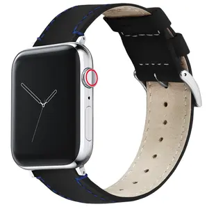 Apple Watch Black Leather Blue Stitching Watch Band