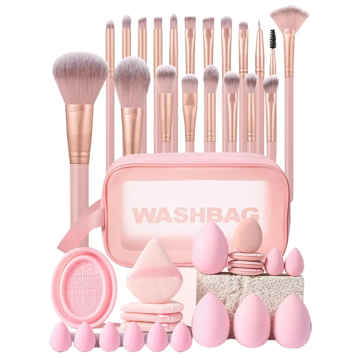 42PCS Pink multi-functional makeup tool with Storage Bag, Beauty Sponges & Powder Puffs & Cleaner Bowl Portable Cosmetic Kit，Complete Face Eye Makeup Starter Kit for Beginners Travel Daily Makeup Gift for Women Teen Girls