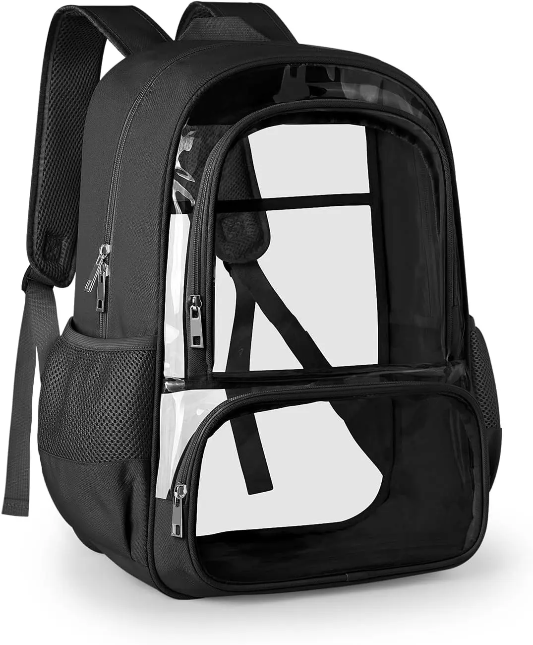 KIMNERPU Clear Backpack, Fabric & PVC Transparent Backpack with Reinforced Strap for Women Men, Heavy Duty Transparent Bookbag, Large Capacity Clear Bag, Travel, Security, Black Gift