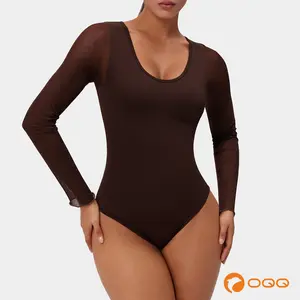 OQQfitness Womenswear Mesh Sleeve Polka Dots Summer Bodysuit U Neck Stretch Basic Sheer Dobby See Through Mesh Minimalist Top for Party Outfit