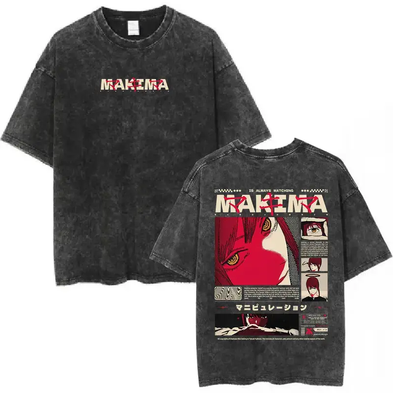 Unisex Retro Washed Black Oversized Cotton Blend T-Shirt - Chainsaw Man Makima "Is Always Watching" All Over Print, Breathable Casual Short Sleeve Menswear Tops, Loose Fit for Outdoor & Daily Wear, Graphic Print