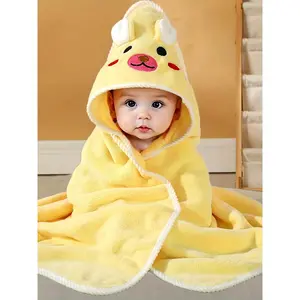 1pc Baby Animal Ear Bathrobe, Plain Cartoon Pattern, Strong Absorbency, Baby Bath Towel, hooded design
